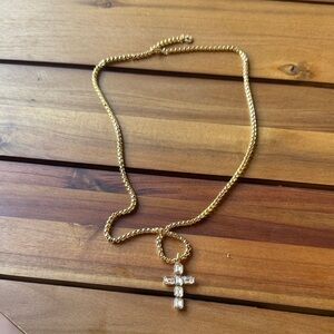 Gold-Tone Cross Pendant Necklace with Clear Stones - Women Jewelry